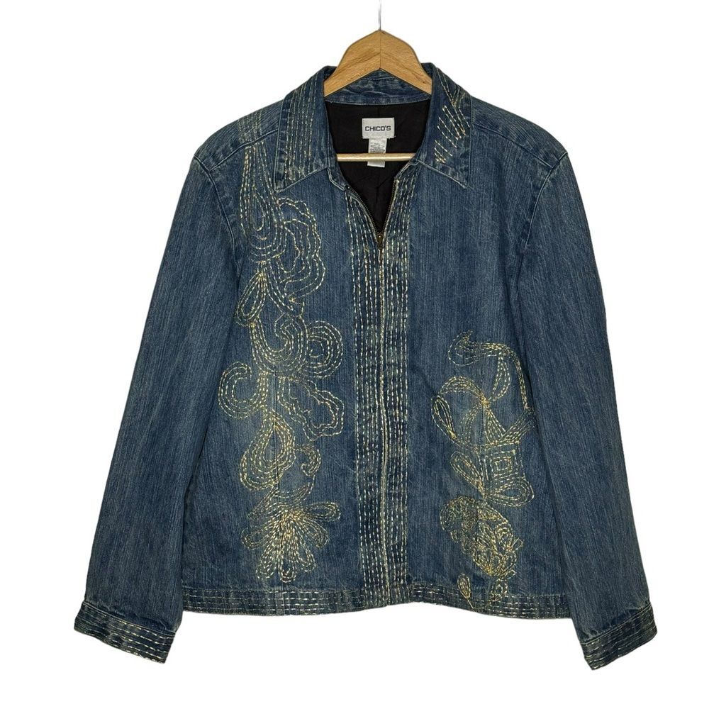 Chico's  Women's Blue Denim Jean Jacket Embroidered Zip Up Size 2 (12)